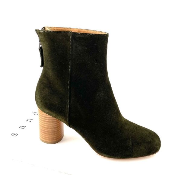 Sandro Sacha olive green Suede Ankle Booties wood heel EU 40/ US 10 - Picture 1 of 9